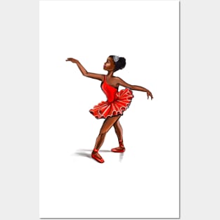 Ballet in red shoes - ballerina doing pirouette in red tutu and red shoes  - brown skin ballerina Posters and Art